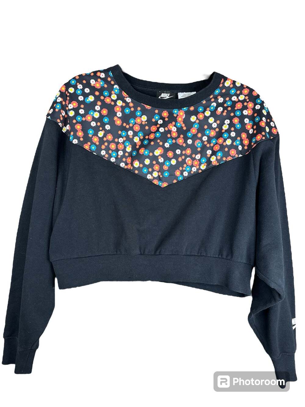 Nike Black Floral Rainbow Print Long Sleeve Crop Top Sweatshirt Size Medium